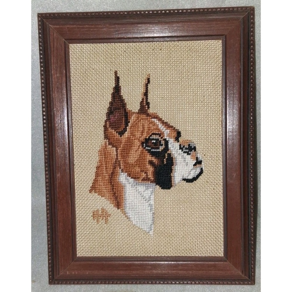 Vintage Needlepoint Boxer Dog Framed. 5 X 7